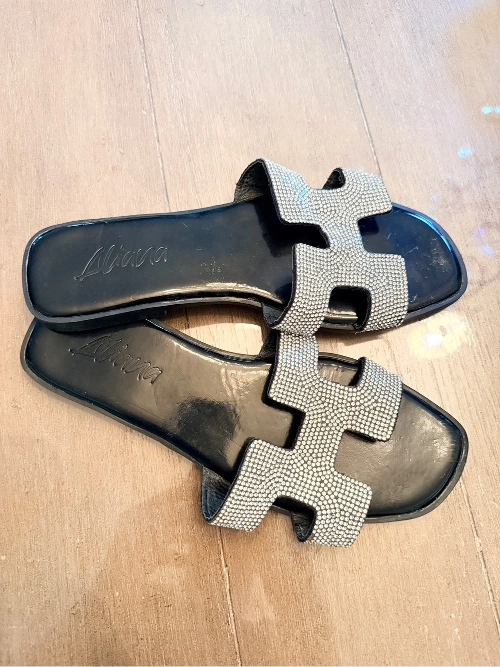 Black Rhinestone H Slide Sandals Size 7